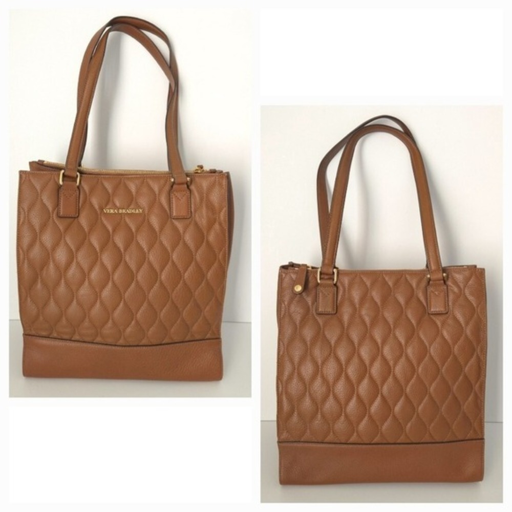Vera Bradley Tan Brown Pebbled Leather Quilted Nora Tote Handbag - Picture 3 of 9